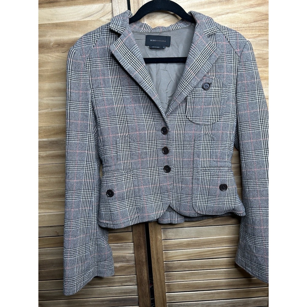 BCBG Max Azria NWT Plaid Tailored Blazer Brown Jacket Sz S Bell sleeves Office